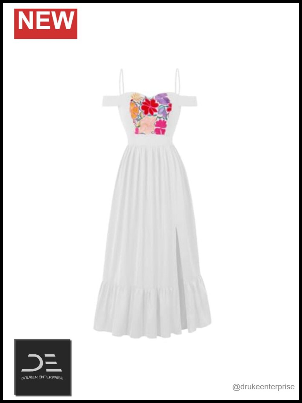 Mexican Embroidered Dress Off Shoulder Split Ruffle Fiesta Maxi